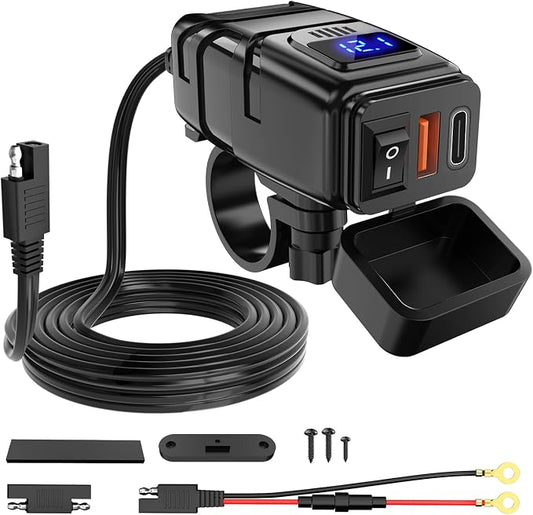 Nilight Motorcycle USB Type C Port 12V Voltmeter Independent On Off Switch SAE Inline 10A Fuse Waterproof 6.8A QC3.0 Fast Phone Tablet for 7/8inch Handlebar