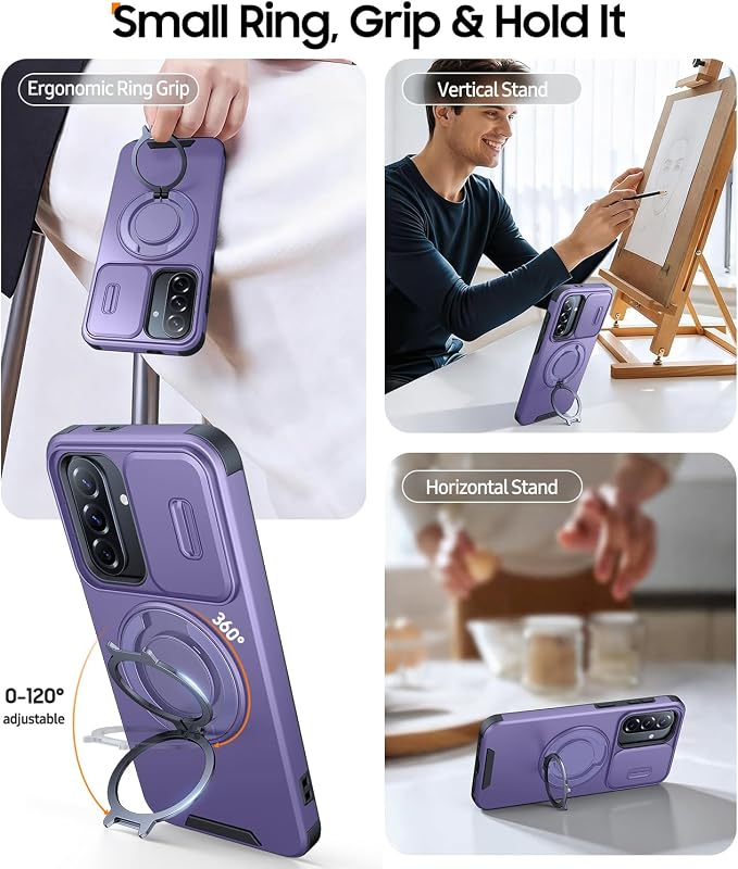 JAME for Samsung Galaxy A37/A36/A56 5G Case, Ring Holder Stand Kickstand, Slide Camera Cover, 2 Screen Protectors, Dual-Layer Shockproof Protective, Magnetic Accessory Friendly Phone Case, Purple