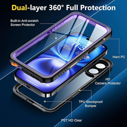 SPIDERCASE for iPhone 16 Waterproof Case, Built-in Screen Protector,12FT Military Shockproof, IP68 Underwater Heavy Duty Sealed Protection with Lanyard for iPhone 16 6.1“, Purple