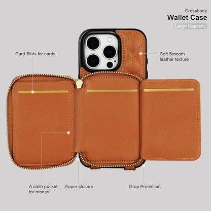 Bocasal Crossbody Wallet Case for iPhone 16 Pro, RFID Blocking PU Leather Zipper Handbag Purse Flip Cover, Kickstand Folio Case with Card Slots Holder Wrist Strap Lanyard 5G 6.3 Inch (Brown)