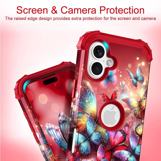 Hocase for iPhone 17 Case 6.3", Heavy Duty Shockproof Protection Soft Silicone Rubber+Hard Plastic Bumpers Hybrid Protective Case for iPhone 17 2025 - Shimmering Butterflies in Red