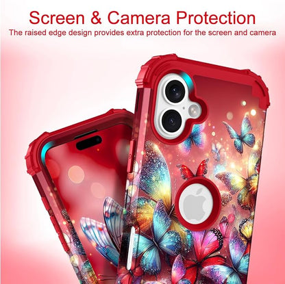 Hocase for iPhone 16 Case 6.1", Heavy Duty Shockproof Protection Soft Silicone Rubber+Hard Plastic Bumpers Hybrid Protective Case for iPhone 16 2024 - Shimmering Butterflies in Red