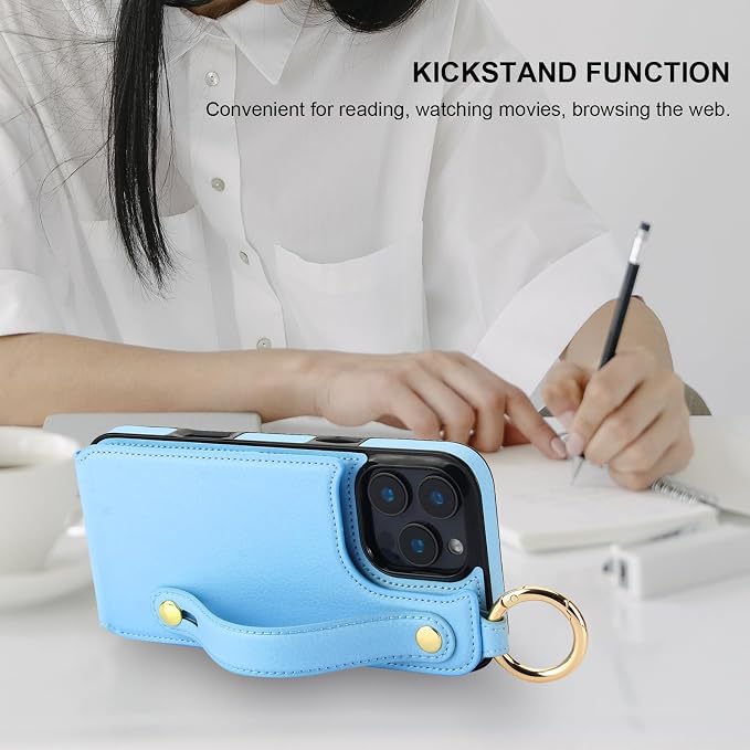 Folosu for iPhone 16 Pro Max Wallet Case with Card Holder, Hand Wrist Strap Loop Holder Kickstand, RFID Blocking Finger Grip Ring PU Leather Double Buttons Shockproof Cover 6.9" Blue
