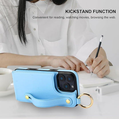 Folosu for iPhone 16 Pro Max Wallet Case with Card Holder, Hand Wrist Strap Loop Holder Kickstand, RFID Blocking Finger Grip Ring PU Leather Double Buttons Shockproof Cover 6.9" Blue