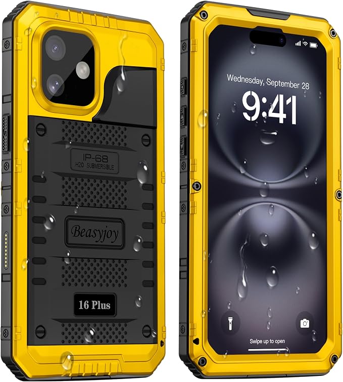 Beasyjoy for iPhone 16 Plus Case Waterproof, Metal Heavy Duty Full Body Protective Case with Built-in Screen Protector, Military Grade Shockproof Dustproof Cover for iPhone 16 Plus 6.7", Yellow