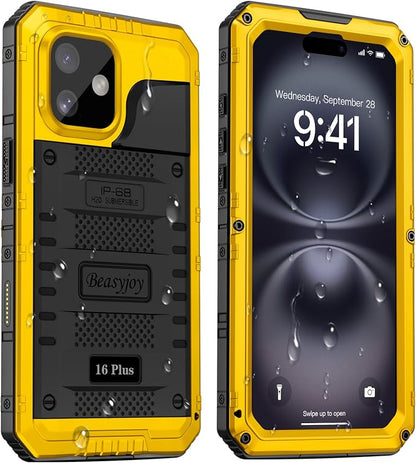 Beasyjoy for iPhone 16 Plus Case Waterproof, Metal Heavy Duty Full Body Protective Case with Built-in Screen Protector, Military Grade Shockproof Dustproof Cover for iPhone 16 Plus 6.7", Yellow