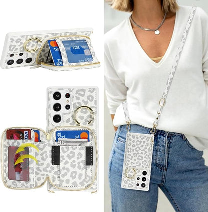 Crossbody Wallet Case for Galaxy S23 Ultra, PU Leather Zipper Handbag Purse Flip Cover, Kickstand Folio Case with Card Slots Holder Wrist Strap Lanyard -White Leopard