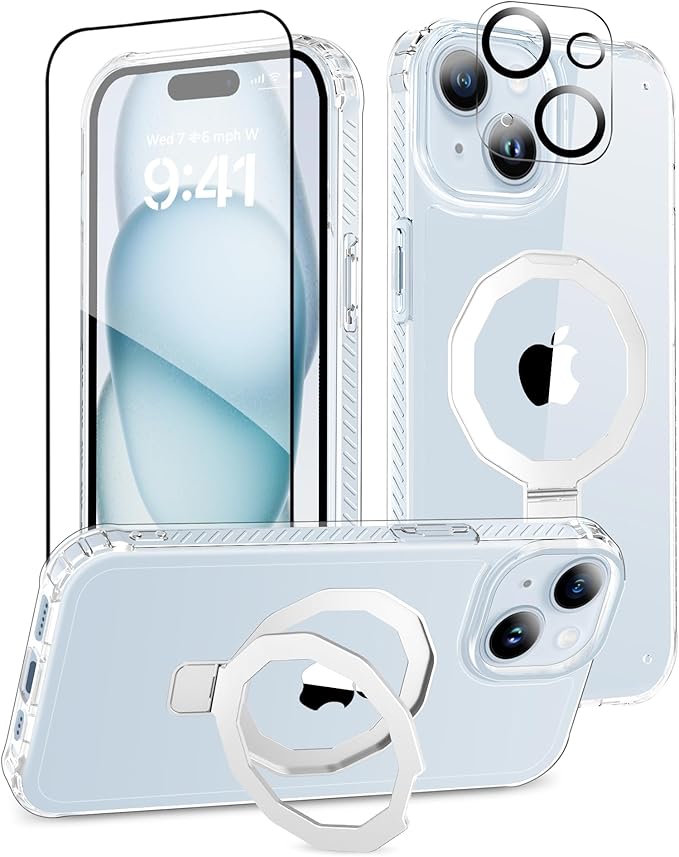 for iPhone 15 Case, with Screen Protector + Camera Lens Protector, Built-in Seamless Stand, [Compatible with MagSafe] Protective Shockproof Phone Case, Cover for iPhone 15 - Clear