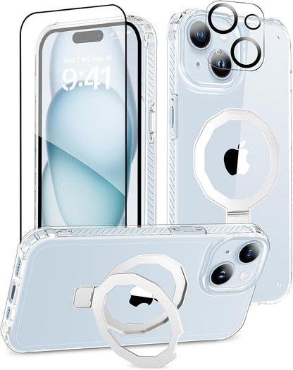 for iPhone 15 Plus Case, with Screen Protector + Camera Lens Protector, Built-in Seamless Stand, [Compatible with MagSafe] Protective Shockproof Phone Case, Cover for iPhone 15Plus - Clear