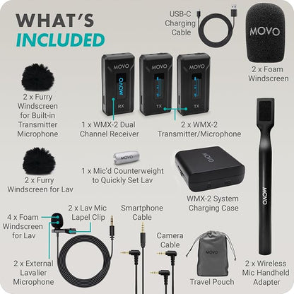 Movo WMX-2-DUO Dual Microphone Compact Wireless System with Handheld Extension Mounts - Mini Wireless Lavalier Microphones for Cameras with Mic Handles for Reporting, Interviews and More