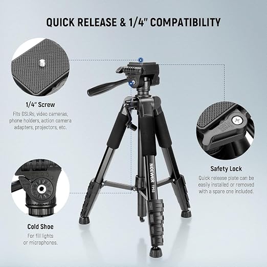 NEEWER BASICS Camera Tripod, 71'' Tripod with Cell Phone Holder Mount Compatible with iPhone for Video Recording, Professional Aluminum Lightweight Portable Travel Stand with 3 Way Pan Tilt Head, TP55