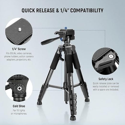 NEEWER BASICS Camera Tripod, 71'' Tripod with Cell Phone Holder Mount Compatible with iPhone for Video Recording, Professional Aluminum Lightweight Portable Travel Stand with 3 Way Pan Tilt Head, TP55