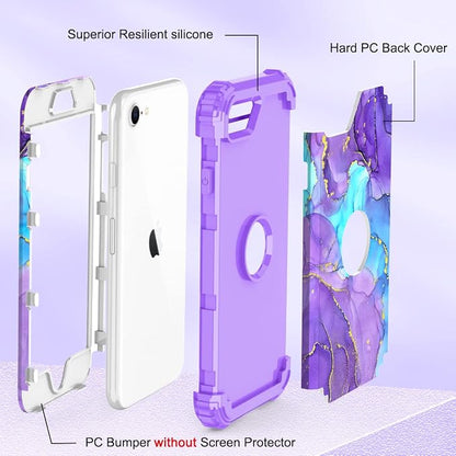 Hocase for iPhone SE 2022/2020 Case, Heavy Duty Shockproof Protection Hard Plastic+Silicone Rubber Hybrid Protective Case for iPhone SE 3rd/2nd Generation (4.7") - When Purple Meets Blue