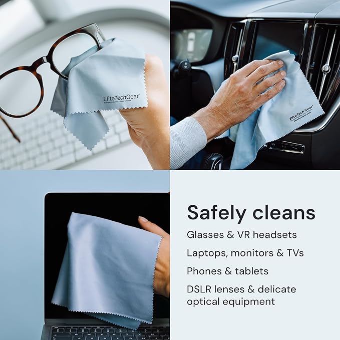 Elite Screens Microfiber Cleaning Cloth - 12-Pack, 12" x 12", Blue - Oversized Eyeglass Cleaning Cloth - Quick-Dry Reusable Glasses Wipes - Portable Pocket Lens Wipes
