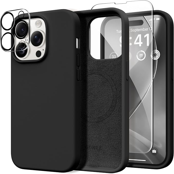GONEZ for iPhone 14 Pro Max Case Silicone, Compatible with MagSafe, with Screen Protector + Camera Lens Protector, Liquid Silicone Shockproof Protective Phone 14 ProMax Case 6.7", Black