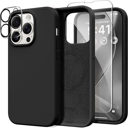GONEZ for iPhone 14 Pro Max Case Silicone, Compatible with MagSafe, with Screen Protector + Camera Lens Protector, Liquid Silicone Shockproof Protective Phone 14 ProMax Case 6.7", Black