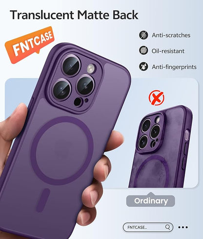 FNTCASE for iPhone 14 Pro Case: [Compatible with Magsafe] Translucent Matte Cases with [Full Camera Protection] [Screen Protector] Military Grade Shockproof Protective Phone Cover - Purple