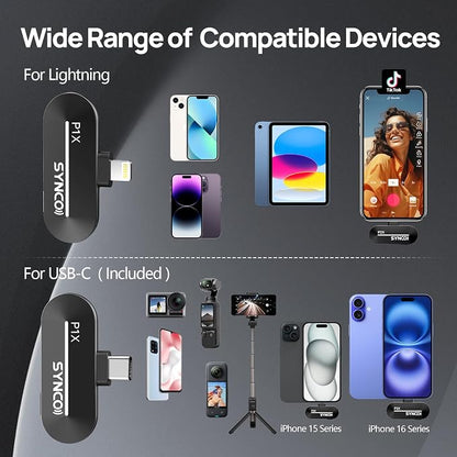 SYNCO Wireless Microphone for iPhone 15/16/17 & Android, 48kHz/24-bit, HiFi Sound Quality, P2XT Mini Microphone for Tiktok, YouTube, Streaming, Vlog Video Recording, USB-C Devices