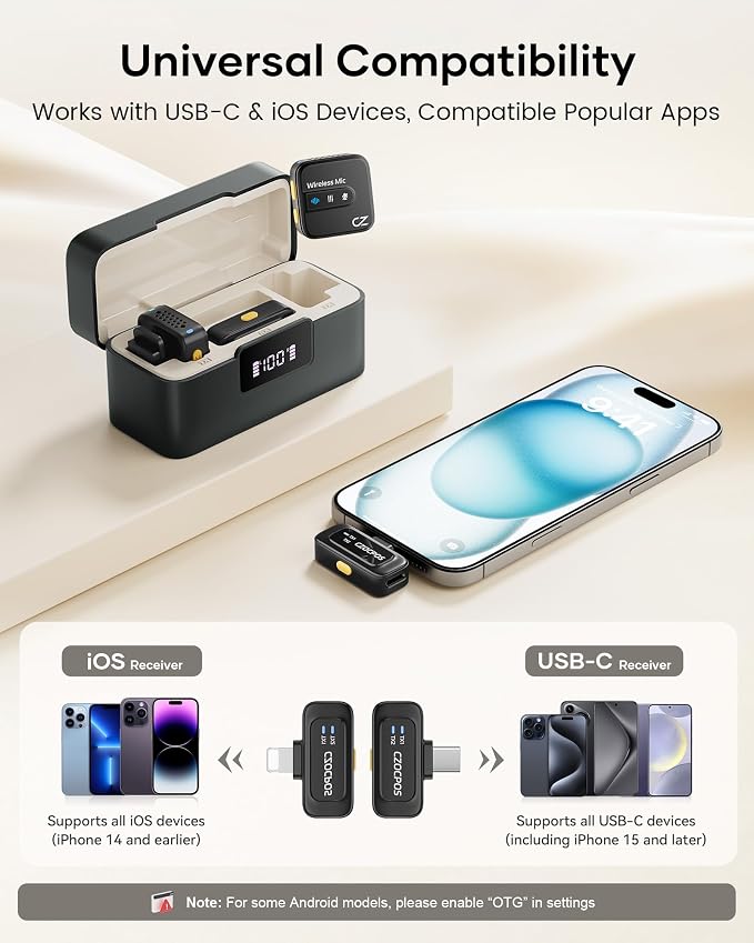 Wireless Lavalier Microphone for iPhone iPad Android with Charging Case,Lapel Mic with Noise Reduction,56H Battery Life, 164ft Range,Mini Microphone for Video Recording,YouTube,Vlog,Live Streaming