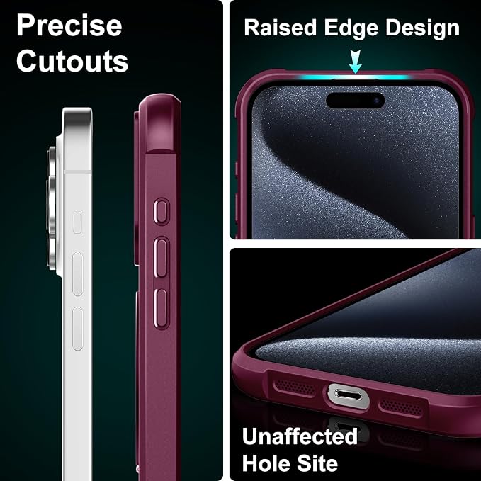 360° Magnetic Swivel Ring for iPhone 15 pro case, Built-in Metal Stand and Ring Holder, Magsafe Compatible, Military Grade Protection, Shock and Vibration Resistant - Wine Red