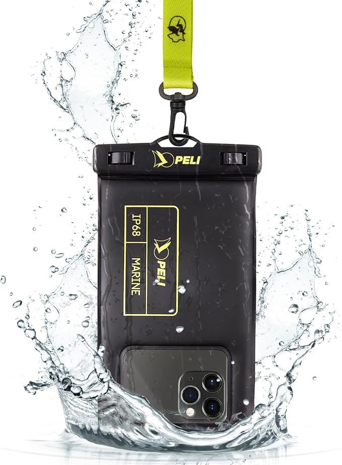 Peli Marine - IP68 Waterproof Phone Pouch (Regular Size)-Floating Waterproof Phone Case for iPhone 16 Pro Max/iPhone 15 Pro/14 Pro/13/12/S25 - Detachable Lanyard - Black/Hi-Vis Yellow