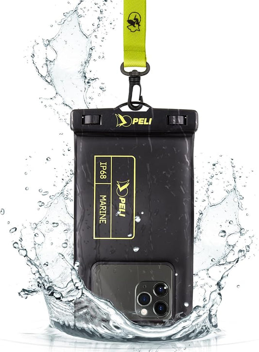 Peli Marine - IP68 Waterproof Phone Pouch (Regular Size)-Floating Waterproof Phone Case for iPhone 16 Pro Max/iPhone 15 Pro/14 Pro/13/12/S25 - Detachable Lanyard - Black/Hi-Vis Yellow