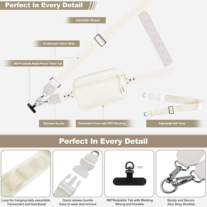 YFWE Phone Strap Crossbody, Clip and Go Strap for Phone with Wallet Crossbody, Adjustable Phone Lanyard Belt Strap with Detachable RFID Wristlet Wallet (XL-Cream)