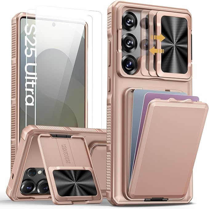 SSLOTSCASE for Samsung Galaxy S25 Ultra Case with 2X Screen Protector [9H Hardness] HD Clarity, Sliding Camera Cover & Stand & Card Holder, Military-Grade Protection Cover for S25 Ultra, Rose Gold