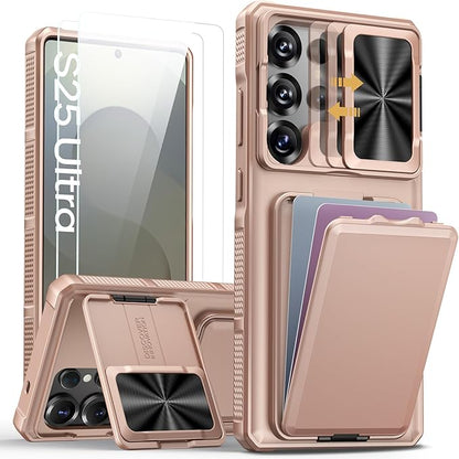 SSLOTSCASE for Samsung Galaxy S25 Ultra Case with 2X Screen Protector [9H Hardness] HD Clarity, Sliding Camera Cover & Stand & Card Holder, Military-Grade Protection Cover for S25 Ultra, Rose Gold