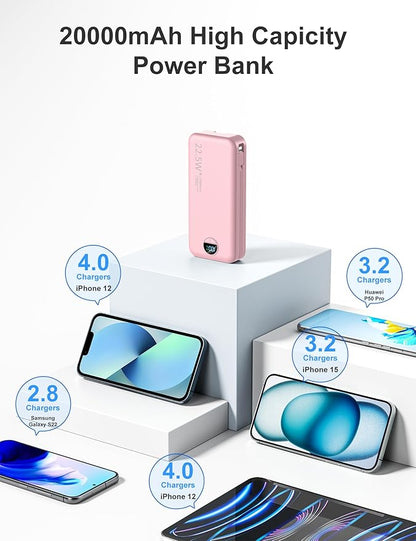 Portable Charger, 20000mAh 22.5W Fast Charging Power Bank with Built-in Cables & Wall Plug, External Battery Pack with LED Display, Travel Essentials Battery Bank for iPhone, iPad, Samsung Fairy Pink