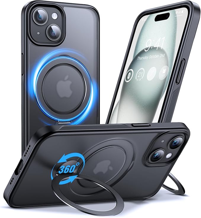 Anqrp 360° All-in-ONE Stand Case for iPhone 15 Case with Rotatable Magnetic Kickstand Ring Holder Black