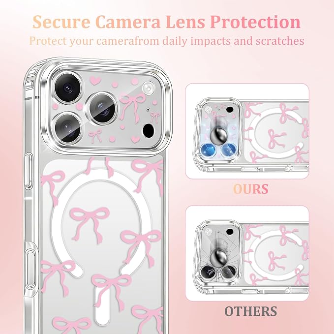 Magnetic Bow Case for iPhone 17 Pro,with Screen Protector & Camera Lens Protector, Slim Clear Phone Cover Anti-Yellowing Shockproof Protective Cover for Women Girl - Pink