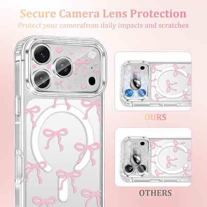 Magnetic Bow Case for iPhone 17 Pro Max,with Screen Protector & Camera Lens Protector, Slim Clear Phone Cover Anti-Yellowing Shockproof Protective Cover for Women Girl - Pink