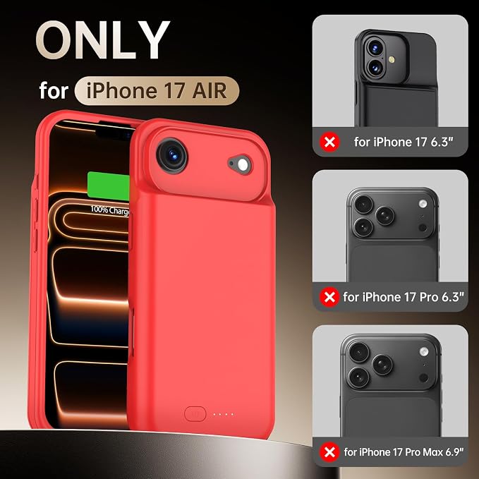 GIN FOXI Battery Case for iPhone 17 AIR, Charging Case Charger 8500mAh Ultra-Slim Lightweight Powerful Battery Pack 15W Fast Rechargeable Anti-Fall TPU Juice Box for 17 AIR (6.5") Red