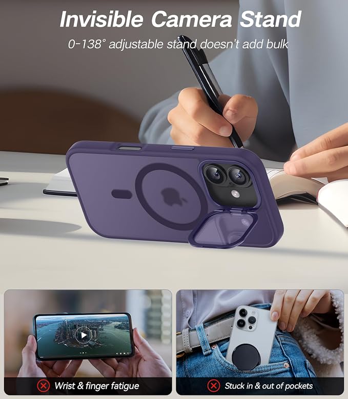 [Upgraded Full Camera Protection] for iPhone 17 Case with Camera Cover Stand [Fit for MagSafe][10FT Mil-Grade Protection] Translucent Magnetic iPhone 17 Phone Case, Purple