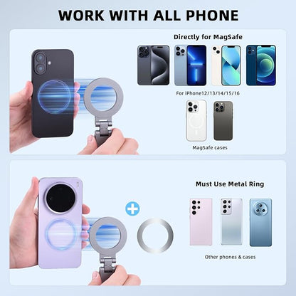 Magnetic Tripod for iPhone, Airplane Phone Holder for MagSafe Selfie Stick Adapter Travel Foldable Clip Clamp Plane Desktop Stand for iPhone 17 16 15 14 13 12 Pro Max Mini Accessories