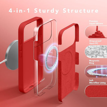 GONEZ Magnetic for iPhone 17 Pro Max Case, Compatible with MagSafe, [Screen Protector + Camera Lens Protector], Liquid Silicone Anti-Scratch Shockproof Protective Phone Case 6.9 inch, Red
