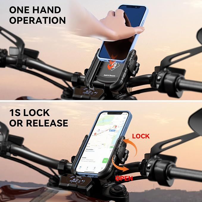 Kewig Motorcycle Phone Mount Holder- [Camera Friendly] [1s Lock & Release] Bike Phone Mount Handlebar Cell Phone Holder for Bicycle Scooter ATV, Fit for 5.4-7.2" Smartphones