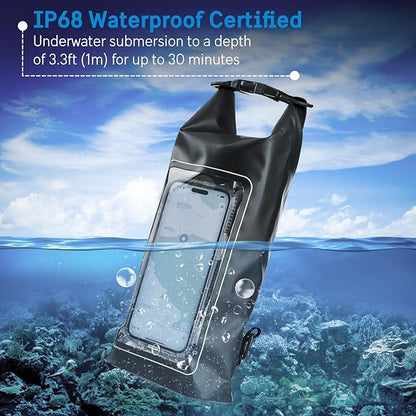 Pelican Marine IP68 Waterproof Dry Bag 2L - Roll Top Waterproof Backpack w/Phone Case/Pouch - Boating & Kayak Accessories - Essentials for Camping Swimming Beach Fishing Rafting Travel - Black