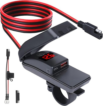 EXTRACTME Motorcycle Phone Charger, 36W Dual USB Type C PD 3.0 & QC 3.0 Motorcycle USB Charger with Voltmeter & ON/Off Switch, Waterproof Fast Charging SAE to USB Adapter for Phone, Tablet, GPS, etc