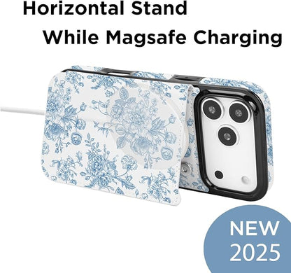 uCOLOR for iPhone 17 Pro Max 6.9" Wallet Case Magsafe with Card Holder Slot【Compatible with MagSafe】 Double Magnetic RFID Design with Camera Lens Protector (Blue Floral, iPhone 17 Pro Max)