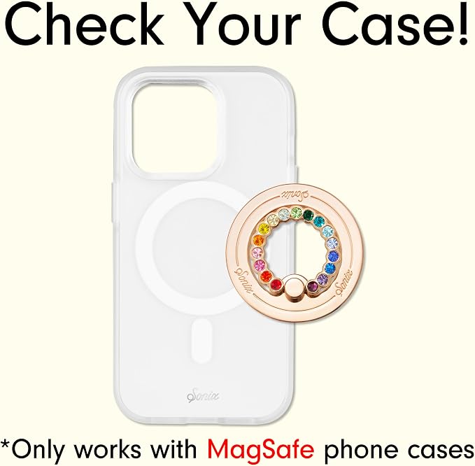 Sonix Magnetic Phone Grip and Phone Ring Holder - Compatible with MagSafe - Rotatable Kickstand and Phone Holder for iPhone 16, 15, 14, 13, 12 Series - Gold/Rainbow Rhinestone