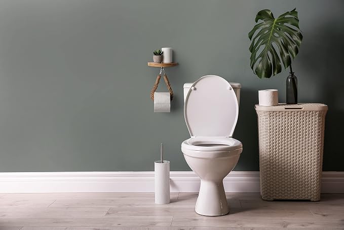 Modern Hanging Wall Mount Natural Bamboo Toilet Paper Holder Rope with Convenience Shelf Tray for Toilet Paper, Phone, Plants, Decor, and Other Accessories