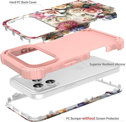 Hocase for iPhone 17 Pro Max Case, Heavy Duty Shockproof Protection Soft Silicone Rubber+Hard Plastic Bumpers Hybrid Protective Case for iPhone 17 Pro Max 2025 - Rose Flowers