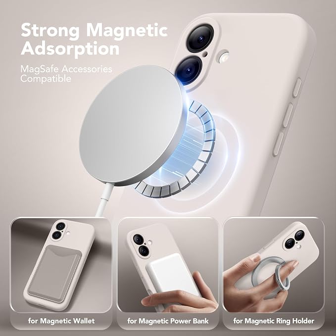 Magnetic for iPhone 16 Case, Compatible with MagSafe, [Screen Protector + Full Camera Protection], Silicone Shockproof Anti-Scratch Protective Phone Case for iPhone 16 6.1", Stone