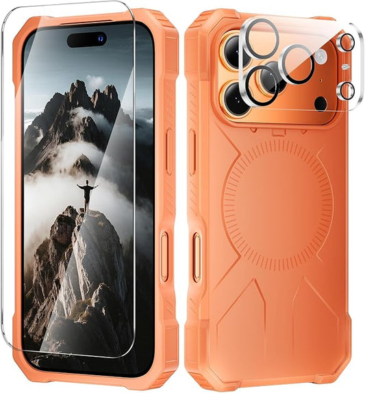 3 in1 for iPhone 17 Pro Max Case,[1 Screen Protector & 1 Camera Lens Protector ],7X Military-Grade Drop Protection ,Fits MagSafe ,Tough, Rugged & Durable for Heavy Duty iPhone 17 Pro Max Case, Orange
