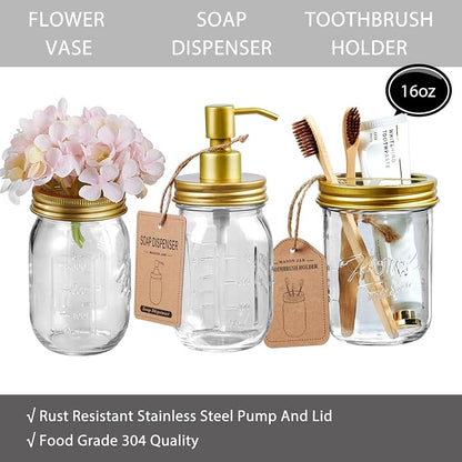 SheeChung 8PCS Mason Jar Bathroom Accessories Set Complete - Soap Dispenser, Toothbrush Holder, 2pcs Qtip Holders, Flower Vase, Soap Holder, Vanity Tray, Toilet Paper Storage, Bathroom Decor - Gold