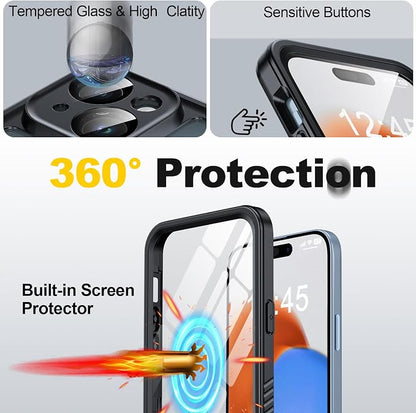 for iPhone 15 Plus Case Waterproof - Built-in Privacy Screen Protector & HD Screen Protector [IP68 Underwater] Shockproof Dustproof Full Body Protection iPhone 15 Plus Phone Case Black