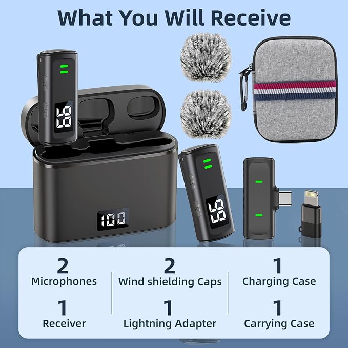 Wireless Lavalier Microphone for iPhone 16 - USB C Phone Microphone for Video Recording with Noise Reduction Mini Mics 35H Charging Case 75FT Transmission