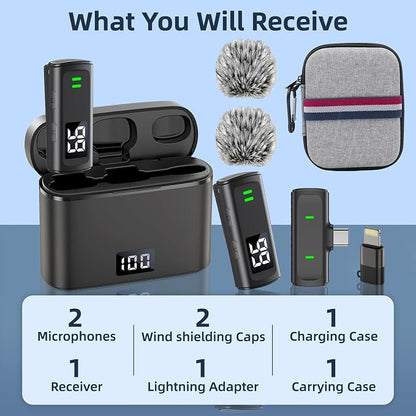 Wireless Lavalier Microphone for iPhone 16 - USB C Phone Microphone for Video Recording with Noise Reduction Mini Mics 35H Charging Case 75FT Transmission